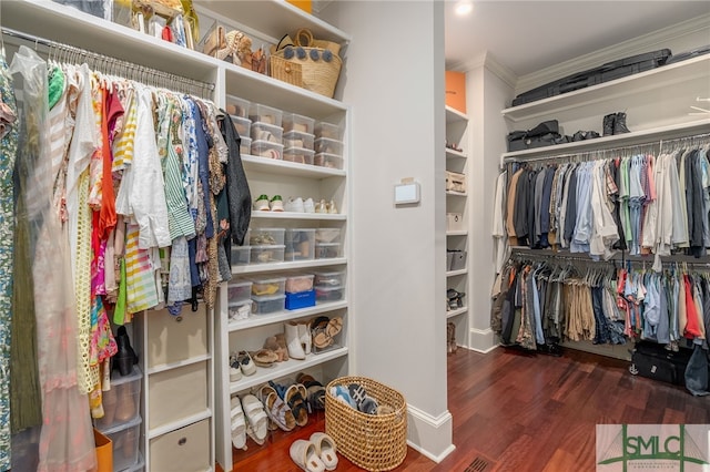 walk in closet with dark hardwood / wood-style flooring