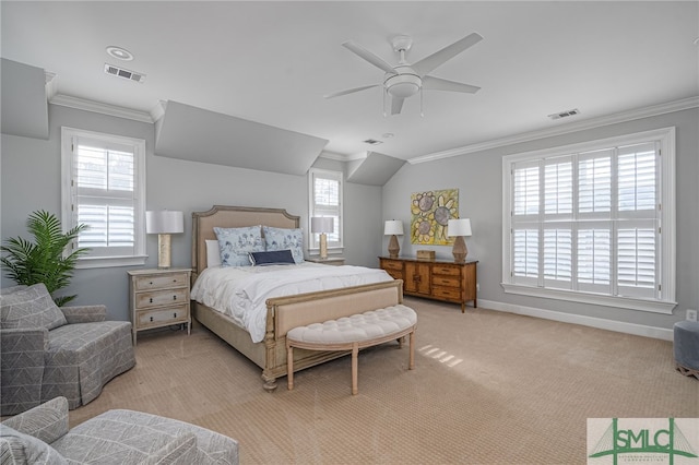 carpeted bedroom with crown molding, multiple windows, and ceiling fan