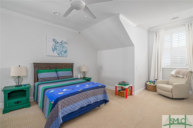 carpeted bedroom featuring ornamental molding, lofted ceiling, and ceiling fan