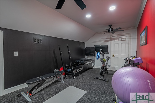 workout area with ornamental molding, vaulted ceiling, and ceiling fan