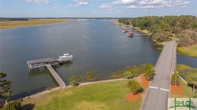 drone / aerial view with a water view