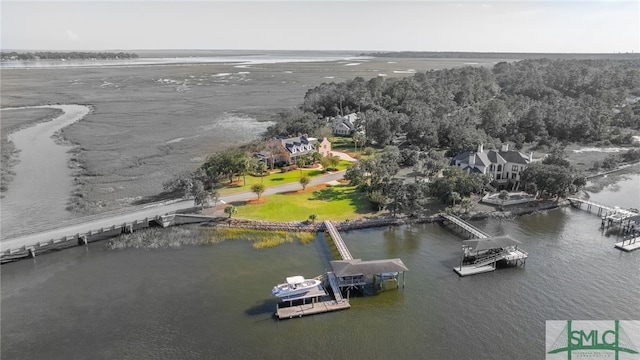 bird's eye view with a water view