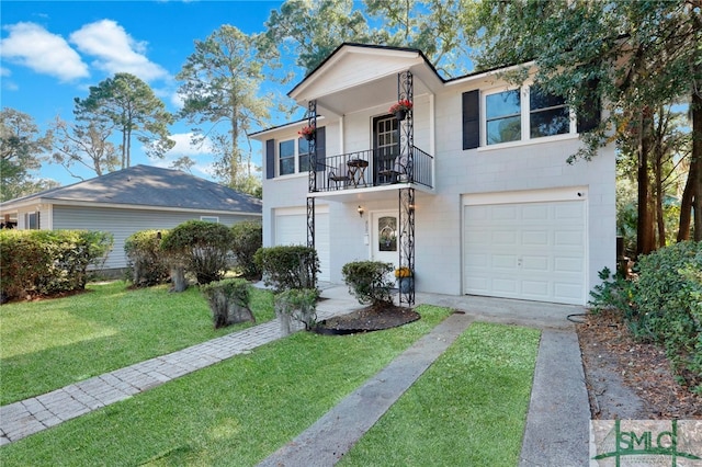 view of front facade with a front lawn, a garage, and a balcony