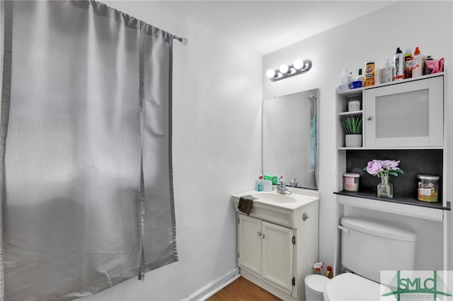 bathroom featuring vanity, toilet, and wood-type flooring