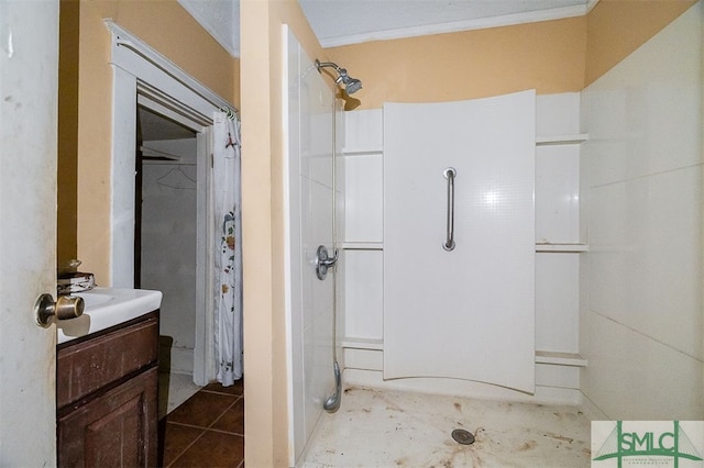 bathroom featuring crown molding, tile patterned flooring, vanity, and a shower with shower curtain