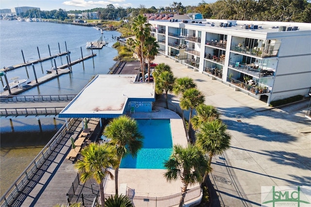 drone / aerial view featuring a water view