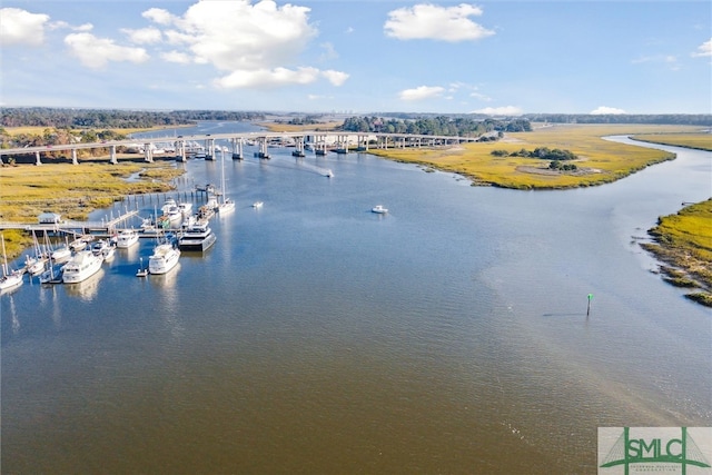 drone / aerial view with a water view