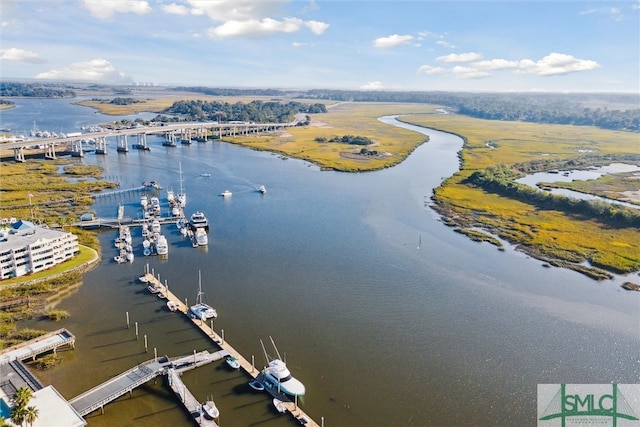 bird's eye view with a water view