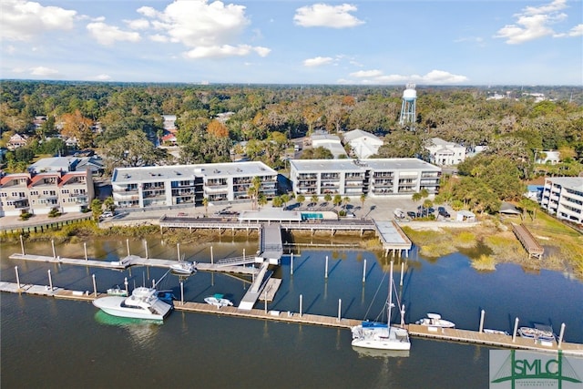 bird's eye view with a water view