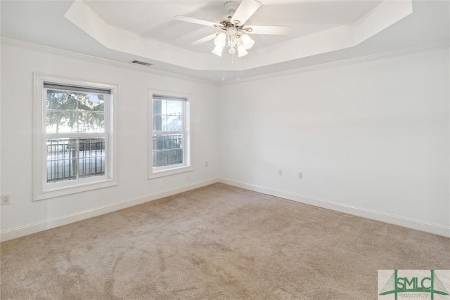 spare room featuring crown molding, ceiling fan, light colored carpet, and a raised ceiling