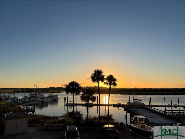 view of dock with a water view