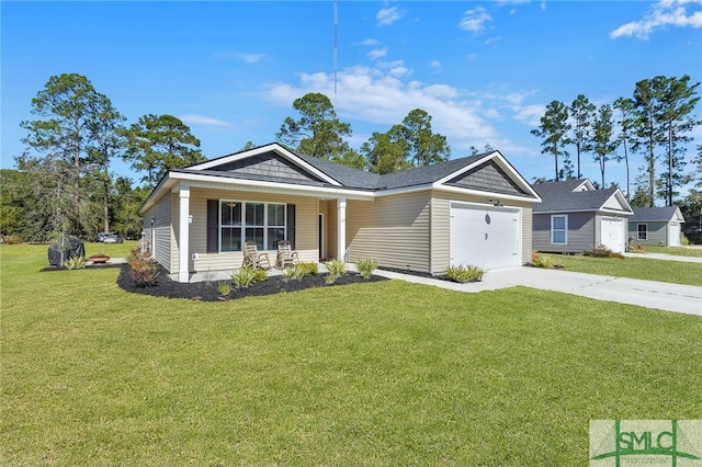 ranch-style house featuring a front yard, a porch, and a garage