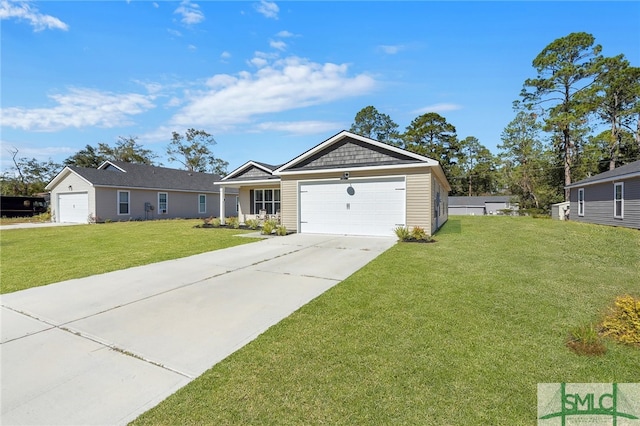 ranch-style home with a front yard and a garage