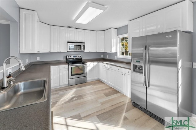 kitchen featuring light wood finished floors, a sink, stainless steel appliances, white cabinetry, and dark countertops