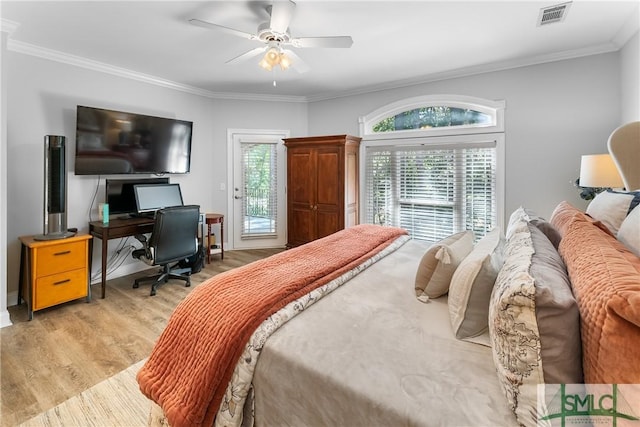 2203 River Oaks Dr, Richmond Hill, GA 31324 - bedroom featuring access to exterior, light wood-type flooring, ceiling fan, visible vents, and crown molding