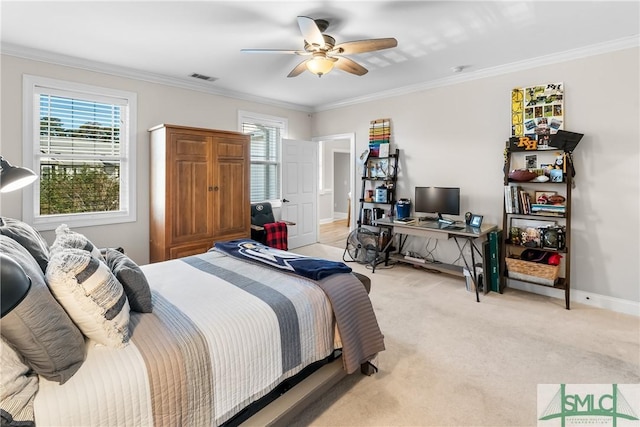 2203 River Oaks Dr, Richmond Hill, GA 31324 - bedroom featuring visible vents, ornamental molding, multiple windows, and light colored carpet
