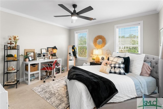 2203 River Oaks Dr, Richmond Hill, GA 31324 - carpeted bedroom featuring crown molding and ceiling fan