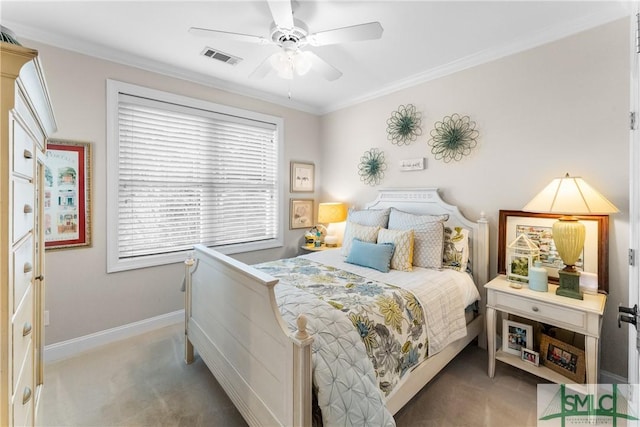 2203 River Oaks Dr, Richmond Hill, GA 31324 - bedroom featuring carpet flooring, visible vents, ceiling fan, baseboards, and ornamental molding