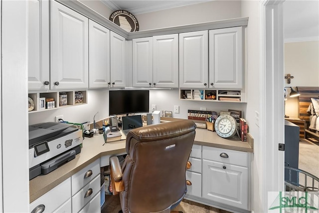 2203 River Oaks Dr, Richmond Hill, GA 31324 - office featuring crown molding and built in desk