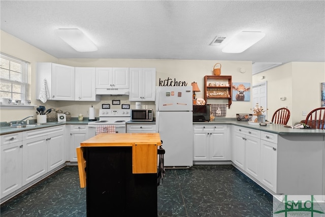 kitchen featuring white cabinetry, sink, and white appliances