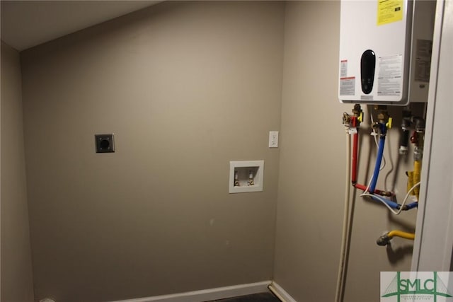 2510 Florida Ave, Savannah, GA 31404 - laundry room with hookup for an electric dryer, water heater, hookup for a washing machine, and baseboards