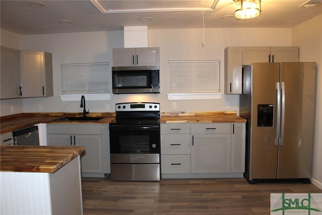 kitchen with butcher block counters, gray cabinetry, sink, stainless steel appliances, and dark hardwood / wood-style flooring