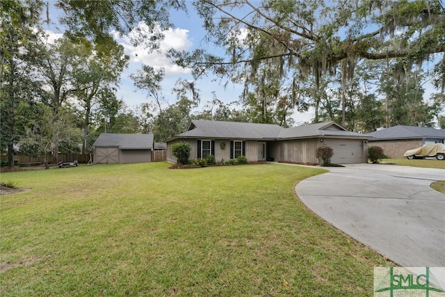 ranch-style home featuring a front yard and a garage