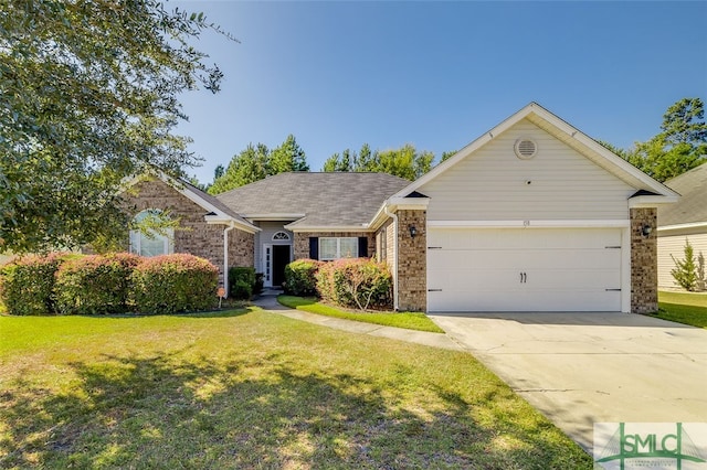 single story home with a front yard and a garage