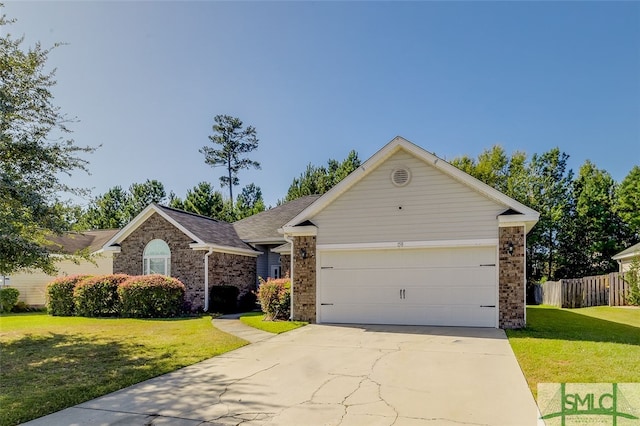 ranch-style home featuring a front yard and a garage