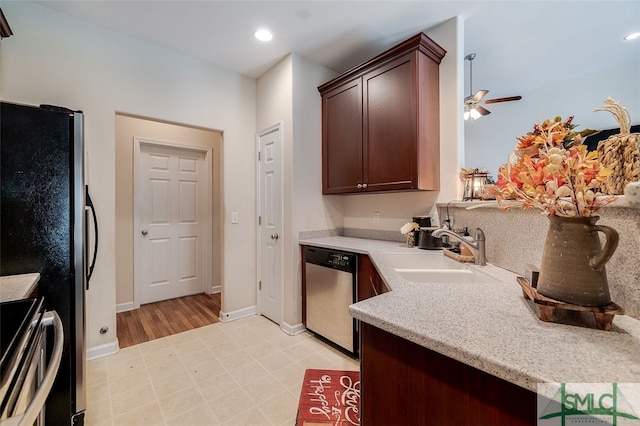 kitchen featuring dishwasher, dark brown cabinets, sink, light hardwood / wood-style floors, and ceiling fan