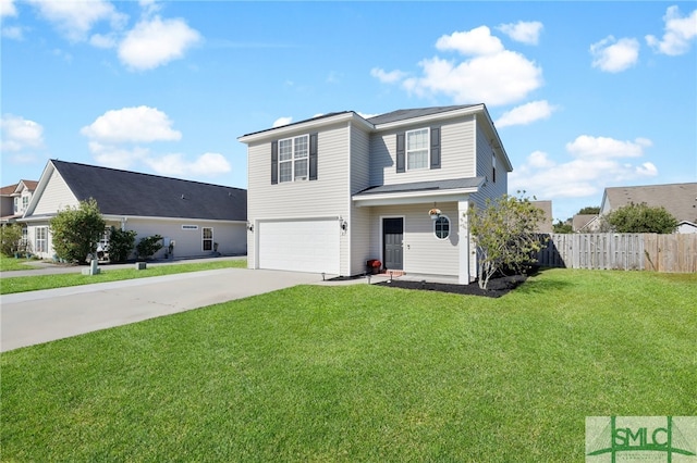 view of property with a front lawn and a garage