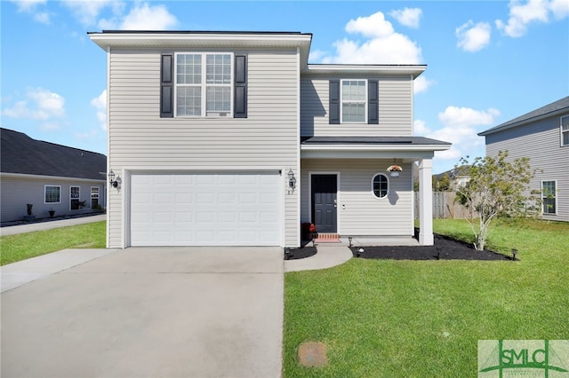 front facade featuring a garage and a front lawn