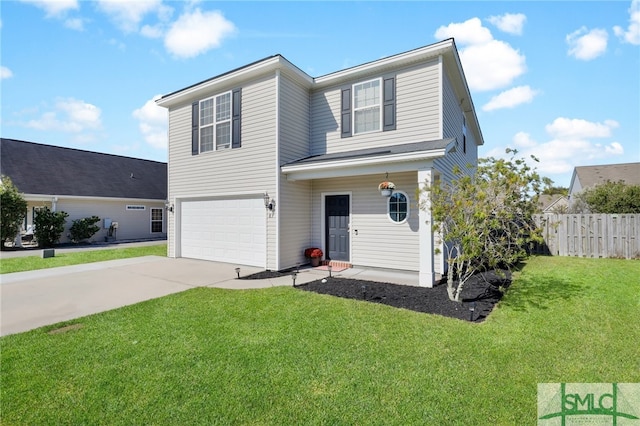 view of front of property with a garage and a front lawn