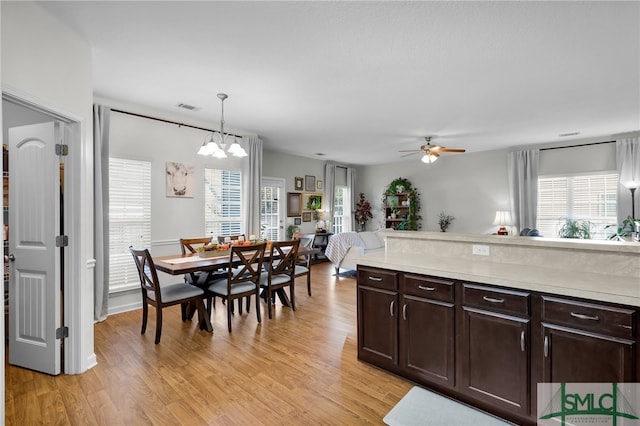 kitchen featuring light hardwood / wood-style flooring, a healthy amount of sunlight, hanging light fixtures, and ceiling fan with notable chandelier