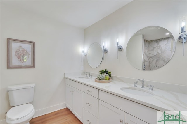 bathroom with vanity, toilet, and wood-type flooring