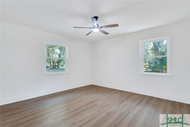 empty room with light hardwood / wood-style floors, plenty of natural light, and ceiling fan