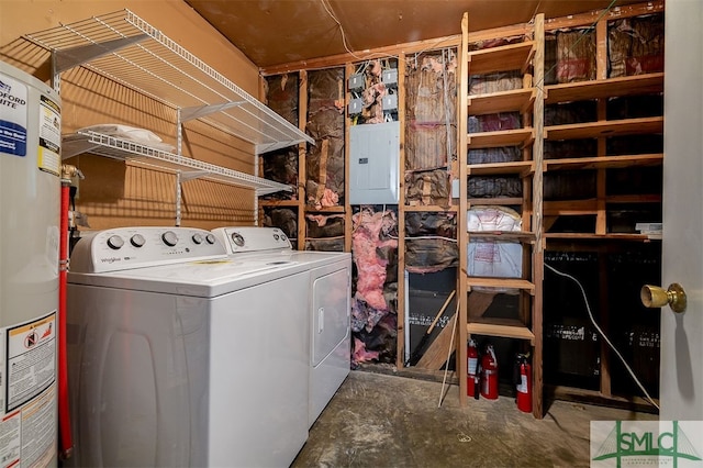 laundry room with water heater, electric panel, and washing machine and clothes dryer