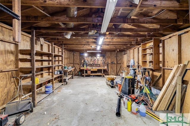 basement featuring a workshop area