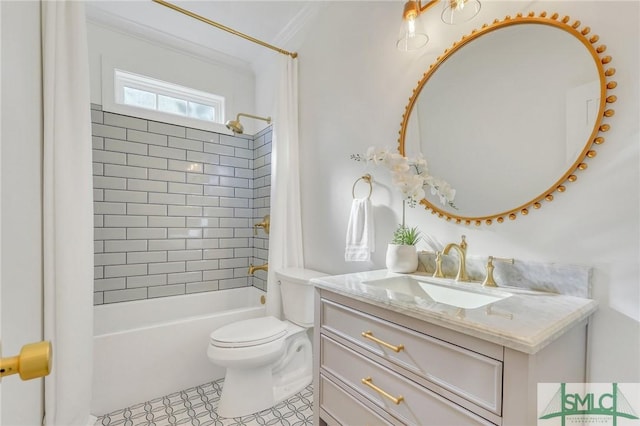 bathroom featuring shower / bathtub combination, vanity, toilet, and crown molding