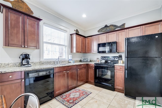 kitchen featuring black appliances, ornamental molding, sink, and light tile patterned floors