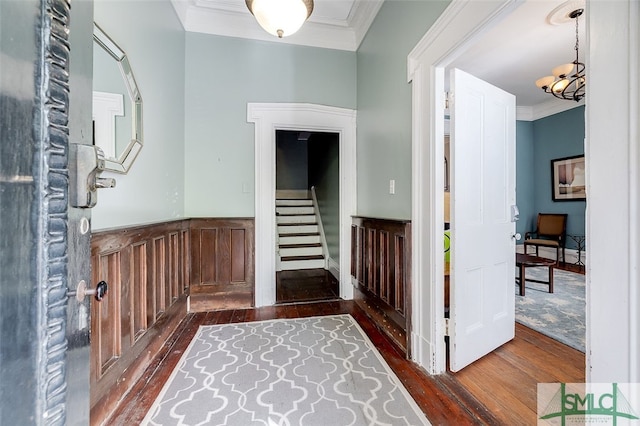 entryway featuring ornamental molding, dark wood-type flooring, and a chandelier