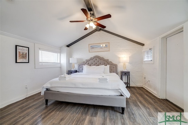 bedroom with vaulted ceiling with beams, ceiling fan, and dark wood-type flooring