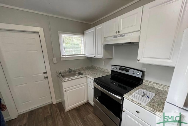 kitchen featuring custom exhaust hood, white cabinetry, dark wood-type flooring, electric stove, and white refrigerator