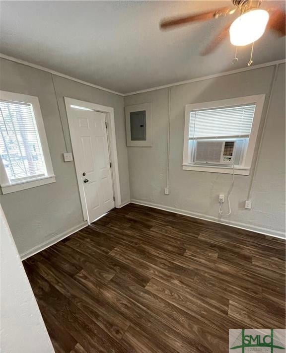 entryway with electric panel, ceiling fan, crown molding, and dark hardwood / wood-style flooring