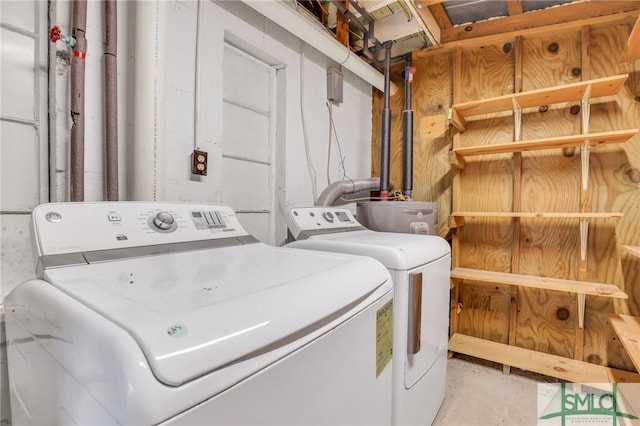 laundry room with water heater and independent washer and dryer