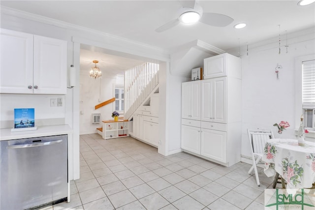 kitchen with crown molding, dishwasher, white cabinets, and ceiling fan with notable chandelier