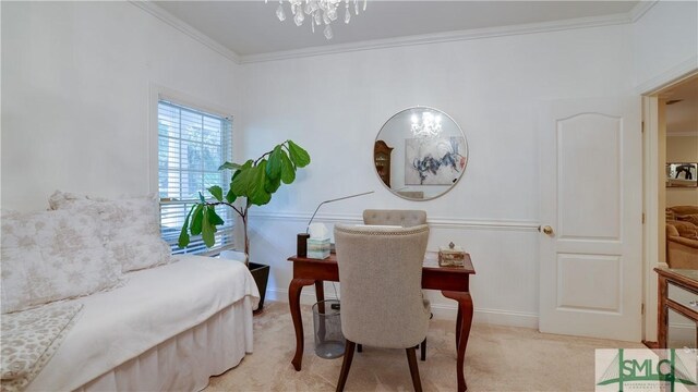 interior space with crown molding, light carpet, and an inviting chandelier