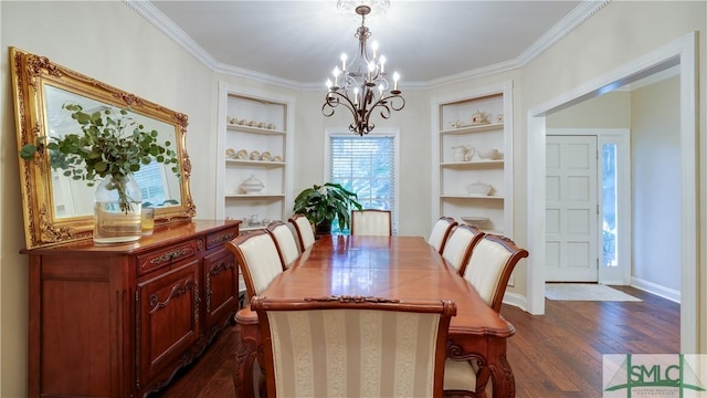 dining space featuring a chandelier, ornamental molding, built in shelves, and dark wood-style flooring