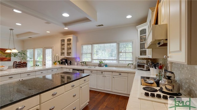 kitchen featuring sink, tasteful backsplash, ornamental molding, a raised ceiling, and white cabinets