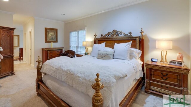 bedroom featuring light colored carpet and ornamental molding